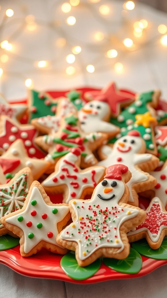 An assortment of decorated Christmas cookies in festive shapes with colorful icing and sprinkles on a holiday platter.